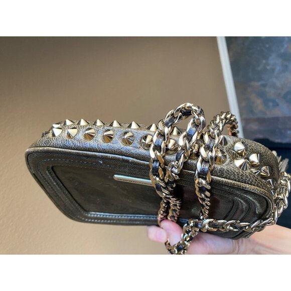 Rebecca Minkoff Leather Studded Crossbody Olive Green Gold Chain Tassel Grunge - Picture 16 of 16